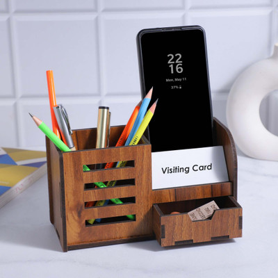 GENIYO 4 Compartments Pen Pencil Holder/Stand With Drawer For home & office study table | Stationery Stand for Office and Students use - Mobile Holder for Desk(Brown)