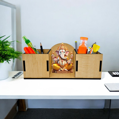 Giftingcare 3 Compartments Wooden Desk Organizer with Space for Idol. Stationary storage ideal for Office & Home(Maple)