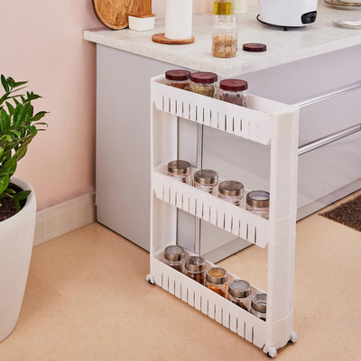 HKC HOUSE 3 Compartments plastic Kitchen Storage Trolley(White)