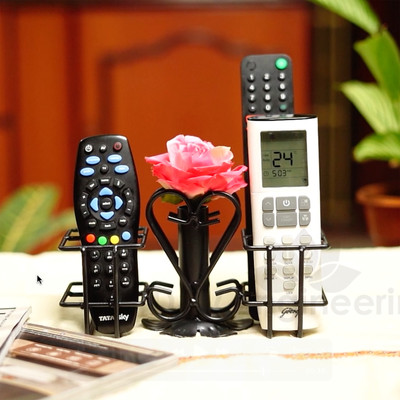 D&V ENGINEERING 4 Compartments metal Unique Flower VASE Remote Holder/Stand/Organizer for TV,AC,DVD,STB,DTH. REMOTES (Black)(Matte black)