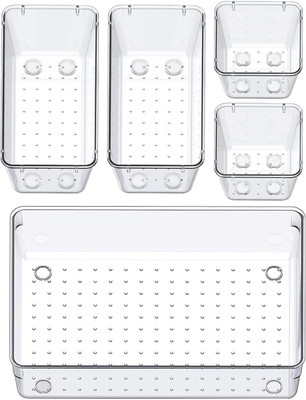 Flexcube 5 Compartments Acrylic Cosmetics Drawer Organizer Storage Bins With Various Size Storage Tray for Makeup, Dresser, Office and Kitchen(Clear)