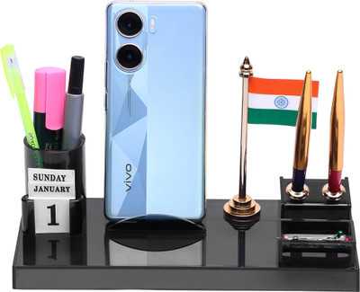 PANKU 5 Compartments Acrylic Pen stand(Smoke Black)