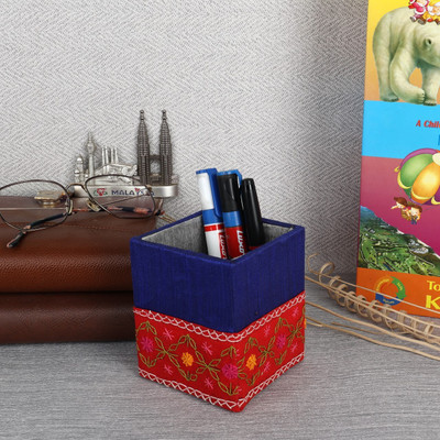 Indha Craft 1 Compartments Handcrafted Chain Stitched Hand Embroidered Dupion Silk, Reprocessed Wood Table Top Pen Stand & Pen Holder(Blue, Red)