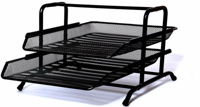 Gold Leaf 2 Compartments Metal Tray Mesh Desk Organizer Rack Storage For Office Collage School Set Of 1 Pcs(Black)
