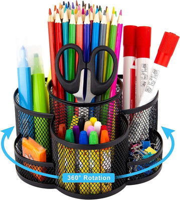 SkyFurnish 7 Compartments Metal Mesh Pen Stand | Stationary Organizer | 360 Degree Rotating(Black)