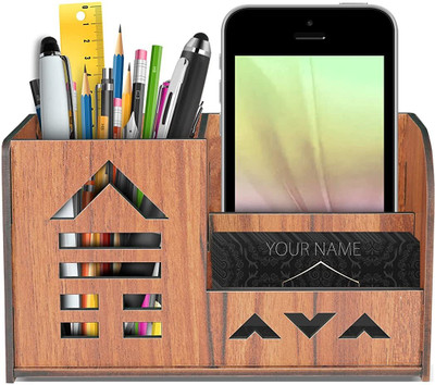 KBR 3 Compartments Wood Wooden Pen Stand With Visiting Card & Mobile Holder A(Brown)