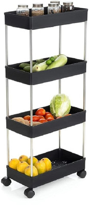 Glamexy 4 Compartments Plastic, Stainless Steel Fruit & Vegetable 4 Stand Kitchen Trolley (DIY(Do-It-Yourself))(Black)