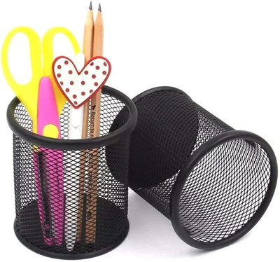 AL ATASH 1 Compartments Metal Mesh Pen Holder for Desk - Round Metal Wire Pencil Cup Organizer (Pack of 2)(Black)
