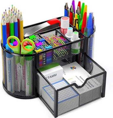 CraftXpress 9 Compartments Metal Stationery Items Organizer for Office and Home Table Top Pen Pencil Holder(Black)