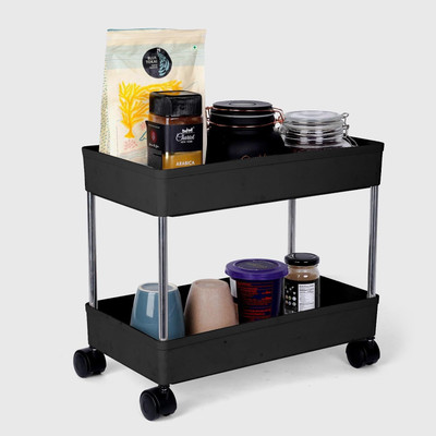 MGKENTERPRISE 2 Compartments plastic Kitchen Storage Trolley(Black)