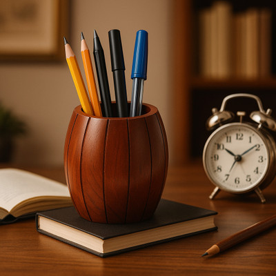 DAIVIKSDECOR 1 Compartments Wooden Handmade Wooden Barrel Shape Pencil Holder, Pen Stand for Office Table Decor(Brown)