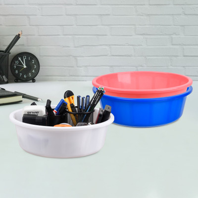 KUBER INDUSTRIES 3 Compartments Plastic Desk Organizer(Blue & Pink & White)