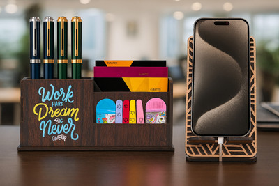 Craftzo 3 Compartments Premium Wood Finish Pen Stand / Pen Holder / Mobile Holder / Visiting Card Holder(DARK BROWN)