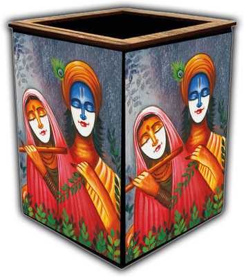 pnf 1 Compartments wooden Colourful Wooden Pen Stand with photo of Radha Krishna -1663(Multicolor)