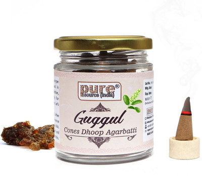 Pure Source (India) Guggul Natural Dhoop Cones with 50gm Glass Jar| Dhoop Cones for Pooja |Fragrance Dhoop(Pack of 50)