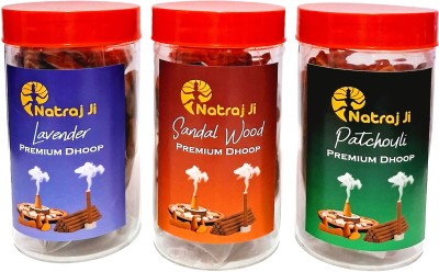 NATRAJji Premium Chandan, Patchouli Fragrance Dry Dhoop Cone (3X100 Gms) I Jar Pack Sandal, Lavender Dhoop(Pack of 3)