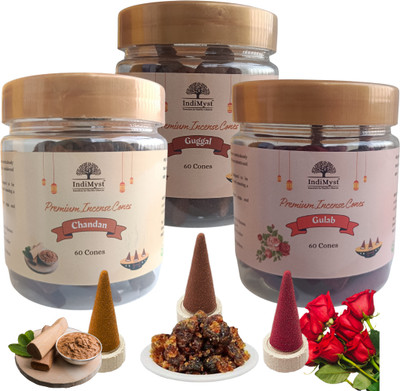 indimyst Dry Dhoop Cones |Rose|Sandal|Guggul| Herbal | Charcoal Free | 60 Cones Each Guggul, Rose, Sandal Dhoop(Pack of 3)