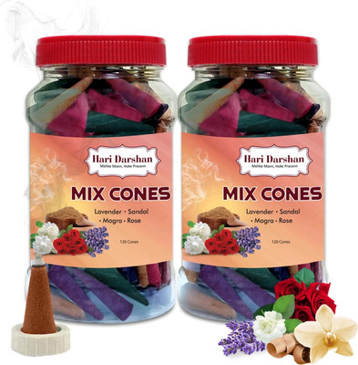 Hari Darshan Mix Dry Dhoop Cones-Lavender Rose Sandal Mogra (Pack of 2,120 Cones Each) Woody Dhoop(Pack of 2)