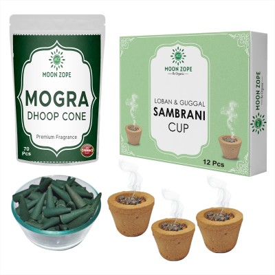 MOON ZOPE Mogra 70 Pcs Incense Cone For Pooja | Natural Sambrani Cup 12 Pcs | Pure Dhoop(Pack of 2)