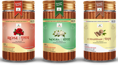 GODSUN Premium Rose, Mogra, Chandan, Dry Dhoop Sticks Jar (3×100)300gm Dhoop Batti Dhoop(Pack of 3)