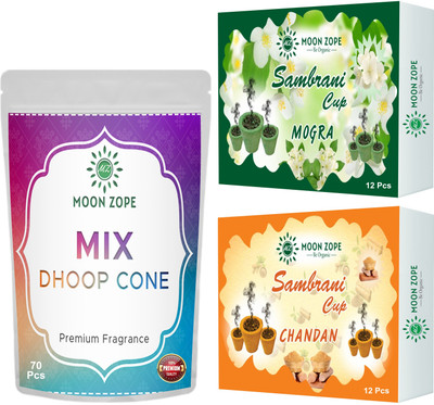 MOON ZOPE Organic Havan Sambrani Dhoop Cups 24 Pcs / Dhoop cones 70 Pcs, Mix Fragrance Dhoop(Pack of 3)