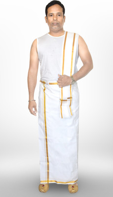 TUNI MANI Gold Jari Border Pocket Vesti with Jari Towel Solid Men Dhoti