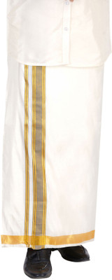 Prakasam Cotton Asha pattu Cream colour NAVY border Self Design (8 yard) dhoti Self Design Men Dhoti