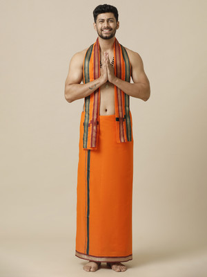Ramraj Cotton Single Layer Orange with Mayilkhan Border Devotional Solid Men Dhoti