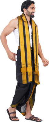 Prakasam Cotton Black-Golden Jari Border-Readymade dhoti and towel set with pocket Solid Men Dhoti