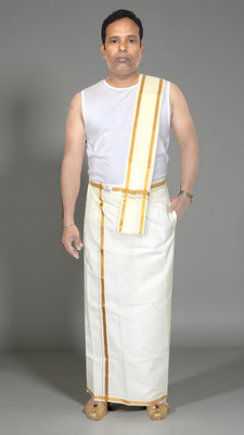 TUNI MANI Gold Jari Border Pocket Vesti with Jari Towel Solid Men Dhoti