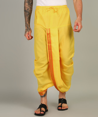 SAC SHREE APARAJEET CREATIONS Mens Mango Colour Panjakejam Readymade Golden Zari Border Dhoti Free size Silk Embroidered, Striped, Solid Men Dhoti
