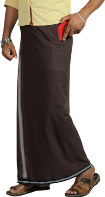 Prakasam Cotton Men's Kerala Style Thalapathi border Coffee Brown Colour Flexi Size Welcro Readymade with pocket Solid Men Dhoti