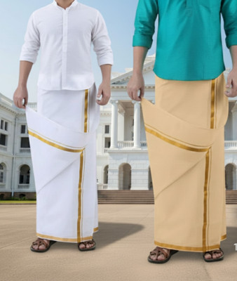 Pitaliya PREMIUM JARI WHITE ONE, SANDAL ONE SET 0F 2 Solid Men Dhoti