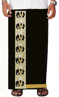 Chahat Lace Men's Black Cotton Dhoti with Golden Zari & Elephant Border - 2.5m Length, Embroidered Men Dhoti