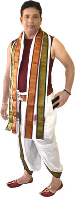 TUNI MANI SPL Readymade Mayilkan Dhoti Pant With Angavastram Set With Side Pocket Solid Men Dhoti