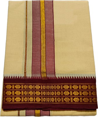 Sri Kamakshi Tex Traditional 2'Meter Pure Cotton Sandal Color With Gold Zari Border Self Design Men Dhoti