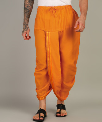 SAC SHREE APARAJEET CREATIONS Mens Kesari Colour Panjakejam Readymade Golden Zari Border Dhoti Free size Silk Embroidered, Striped, Solid Men Dhoti
