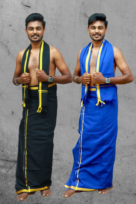 Chillx Men's Traditional Cotton Thalapathy Dhoti set with Shawl(Pack of 2) Solid Men Dhoti