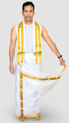 TUNI MANI Men's Cotton Zari Border Dhoti with Towel/Double 3.8 Metres Solid Men Dhoti