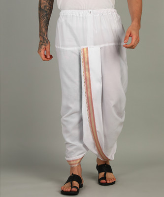 SAC SHREE APARAJEET CREATIONS Mens white Colour Panjakejam Readymade Golden Zari Border Dhoti Free size Silk Embroidered, Striped, Solid Men Dhoti