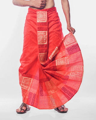 OBLIK Men's Dupion Silk Block Print Dhoti – Red| Ethnic Wear for Wedding & Festive| Printed Men Dhoti