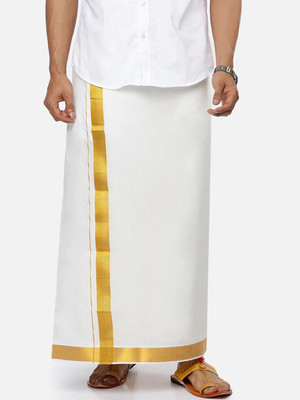Ramraj Cotton Single layer Cream with 1 1/2 inch Gold Jari Border Solid Men Dhoti