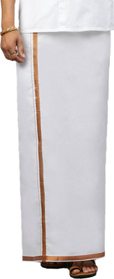Ramraj Cotton Double Layer Adjustable Velcro Pocket White 3/4 inch Copper Jari Border Solid Men Dhoti