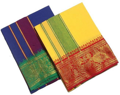 Tharunsha Elite THARUNSHA ELITE Men's Single Dhoti -2 Mtrs/Mundus/Lungi Fancy Border Set of 2 Striped Men Dhoti