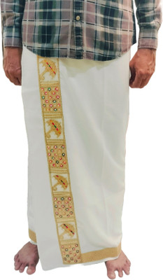 shershaan Men's White Silk Dhoti with Gold Zari Elephant Embroidery Big Border –2.25Mtr Solid Men Dhoti