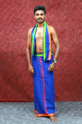 Chillx Men's Traditional Thalapathy Cotton Dhoti Set with Shawl (Pack of 1) Solid Men Dhoti