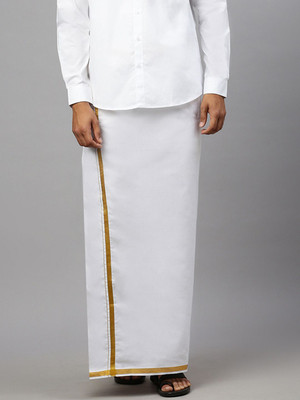 Ramraj Cotton Single Layer Adjustable Velcro Pocket White Dhoti with 3/4 inch Gold Jari Border Solid Men Dhoti