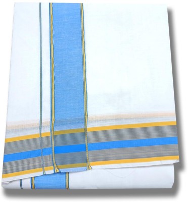 DHOTIES TOWN Pure Cotton 2 Inch Fancy Sky Blue Colour Border Bleach Pure White Men Dhoti