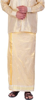 Prakasam Cotton Art Silk Self embosed Gold Tissue 8 Yard (1.28X3.60mtrs) Self Design Men Dhoti