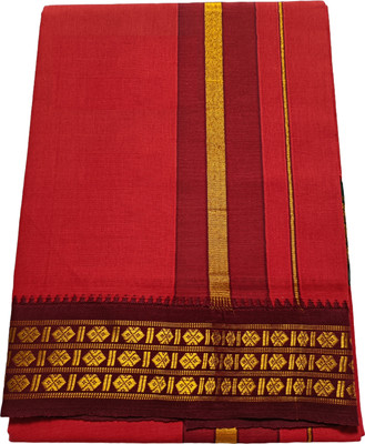 Sri Kamakshi Tex Traditional 2'Meter Pure Cotton Red Color With Gold Zari Border Men Dhoti